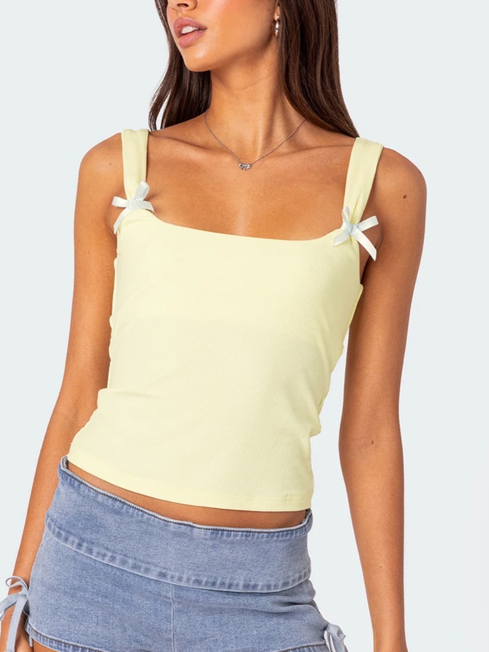 Square Neck Tank Top with Bow Straps - Light Yellow